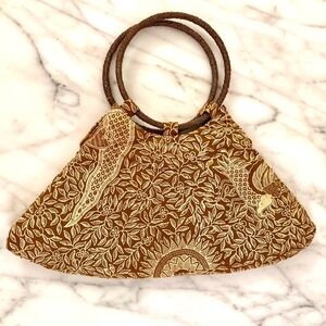 Brown Gold Batik Print Beaded Handle Beaded Bag Purse Women